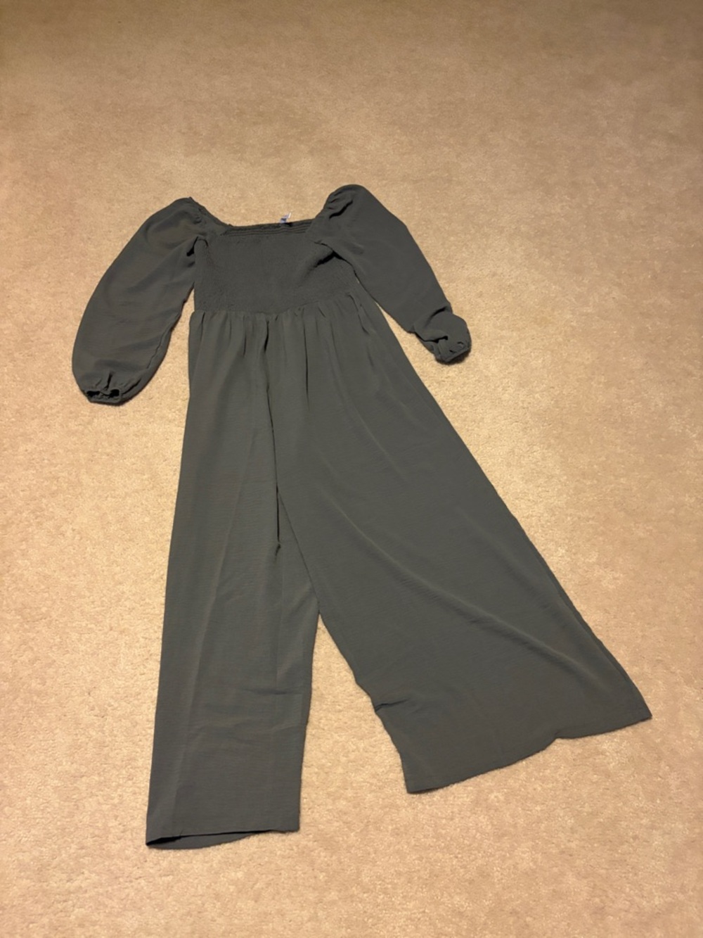 Olive Green Smocked-Waist Wide Leg Jumpsuit with Puff Sleeves